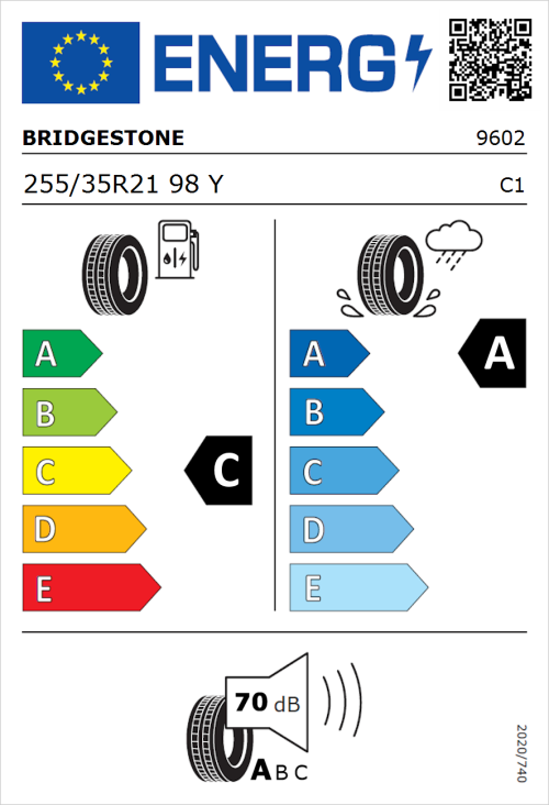 Tyre Label for Bridgestone Turanza T005 255/35R21 98Y