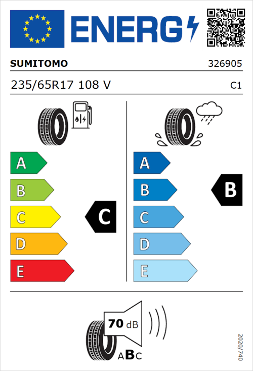 Tyre Label for Sumitomo BC100 235/65R17 108V