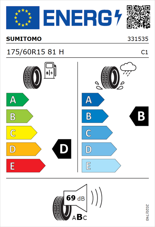 Tyre Label for Sumitomo BC100 175/60R15 81H