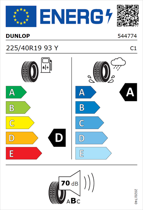Tyre Label for Dunlop SP SportMaxx RT 225/40R19 93Y