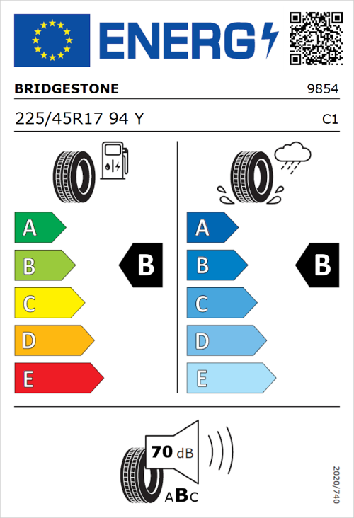 Tyre Label for Bridgestone Turanza T005 225/45R17 94Y