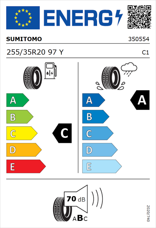 Tyre Label for Sumitomo HTR Z5 255/35R20 97Y