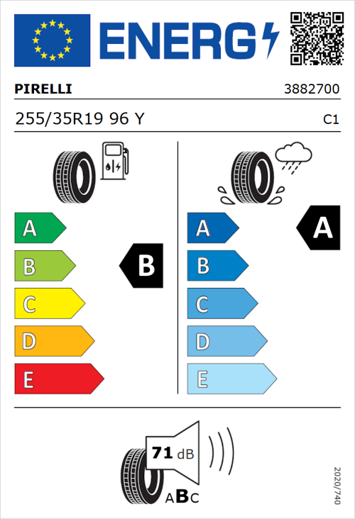 Tyre Label for Pirelli Powergy 255/35R19 96Y