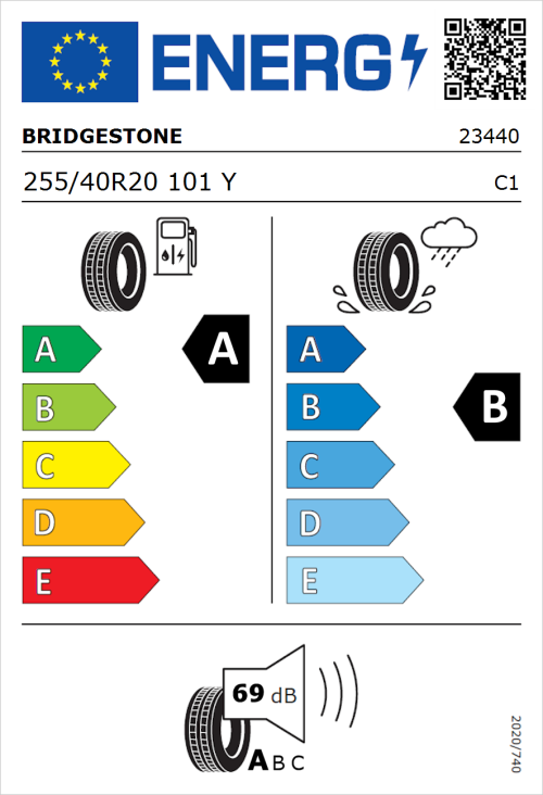 Tyre Label for Bridgestone Turanza T005 255/40R20 101Y