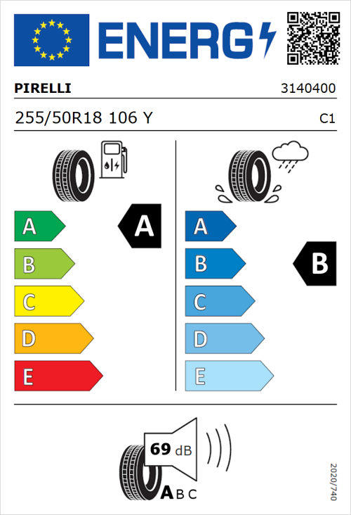 Tyre Label for Pirelli Cinturato P7 (P7C2) 255/50R18 106Y