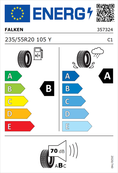 Tyre Label for Falken Azenis FK520 235/55R20 105Y