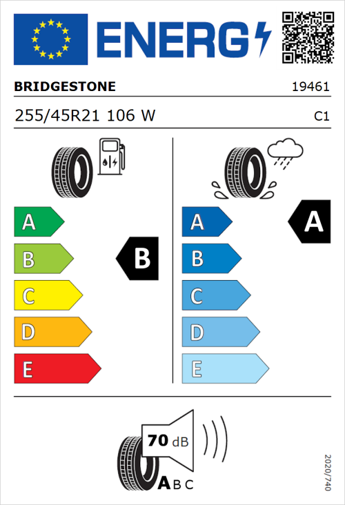 Tyre Label for Bridgestone Turanza T005 255/45R21 106W