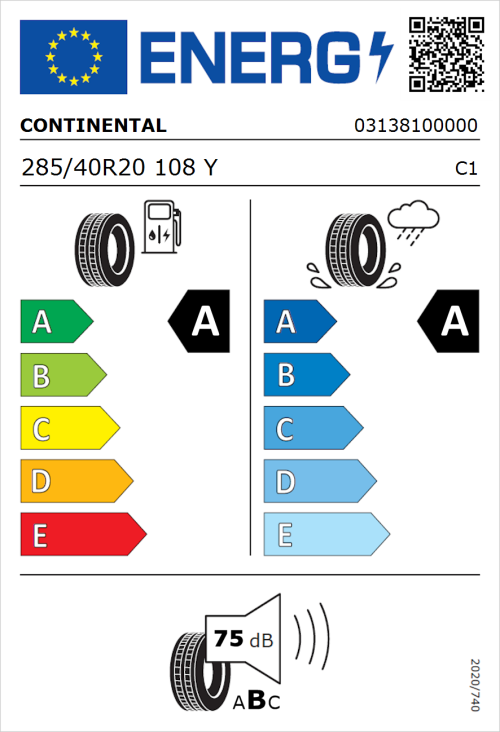Tyre Label for Continental SportContact 7 285/40R20 108Y