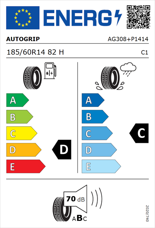 Tyre Label for Autogrip P308 185/60R14 82H