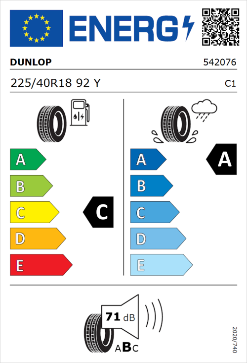 Tyre Label for Dunlop SP SportMaxx RT 225/40R18 92Y