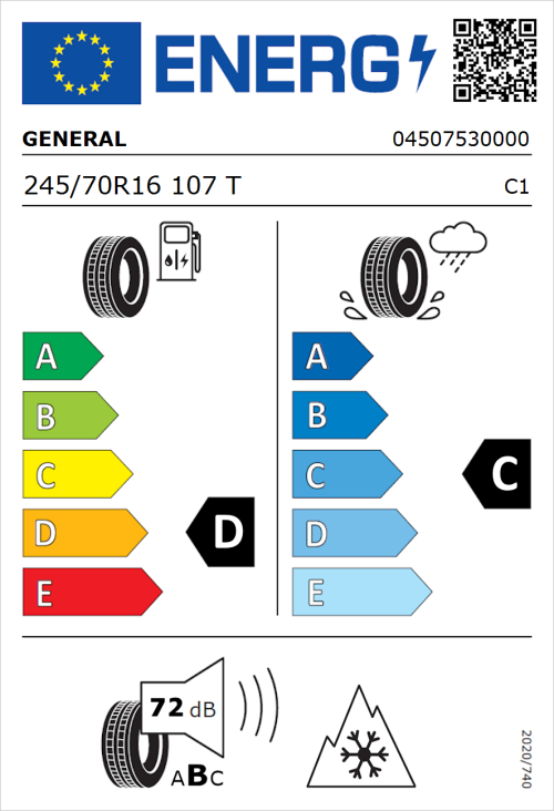 Tyre Label for General Snow Grabber Plus 245/70R16 107T